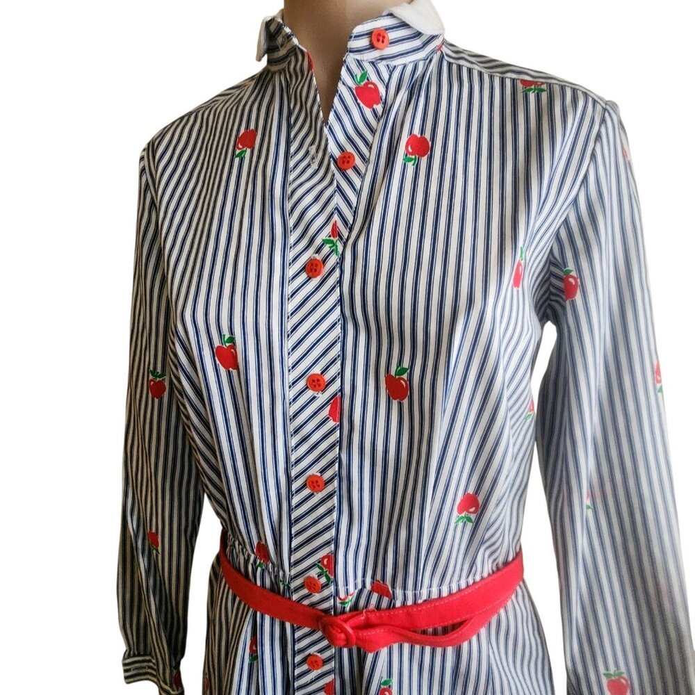 Vintage Lanz 1970s Belted Shirt Dress Teacher Apple Stripes Print Size 11/12 - Picture 12 of 16
